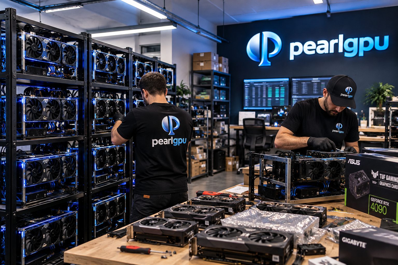 Pearl technicians assembling GPU mining rigs on the bench