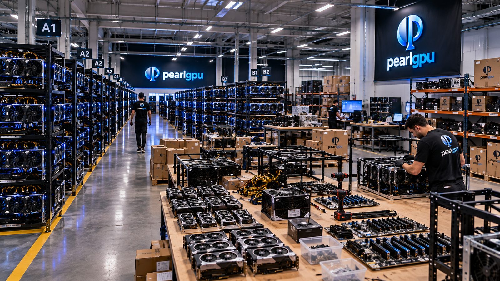 Rows of racked, powered GPU mining rigs at the Pearl facility