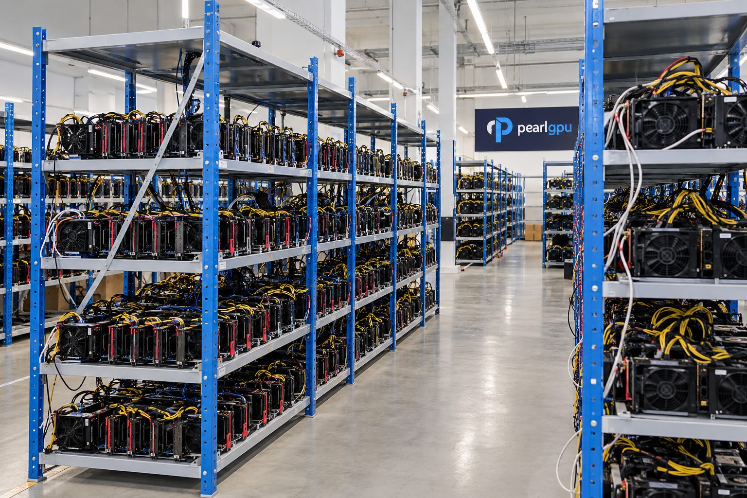 Fully loaded rack row of GPU rigs wired and mining